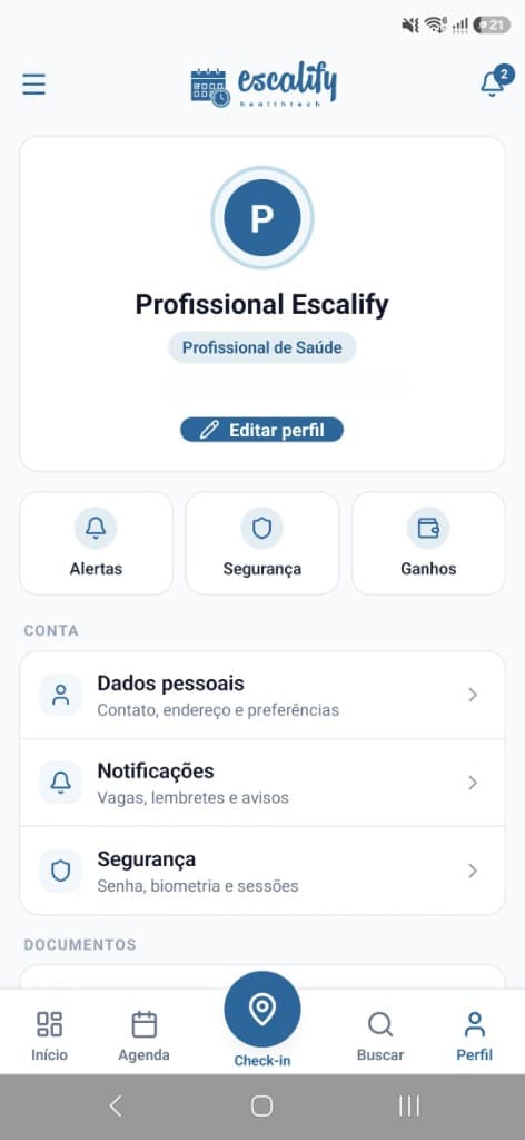 Perfil profissional no aplicativo Escalify